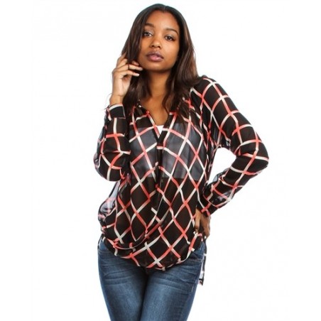 BLACK LONG SLEEVE CHIFFON V NECK TOP WITH CORAL LINE PRINT