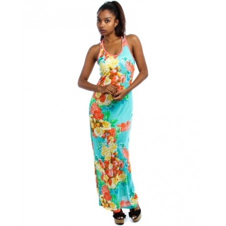 AQUA RACERBACK MAXI DRESS WITH ROSE PRINT