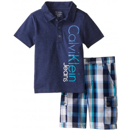Calvin Klein Little Boys' Navy Polo Top with Plaid Cargo Shorts 4-7
