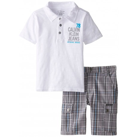 Calvin Klein Little Boys' White Polo Top with Plaid Cargo Shorts 