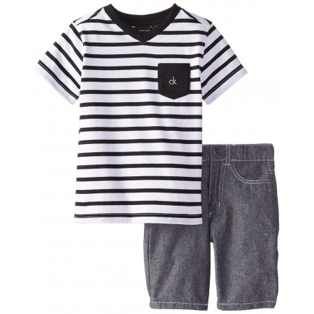 Calvin Klein Little Boys' Black White Stripes V-Neck Tee with Shorts 4-7