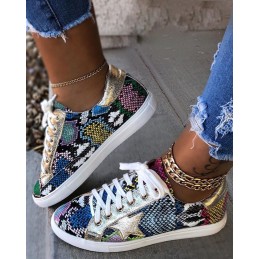 Snakeskin Star Design Lace-Up Sneakers