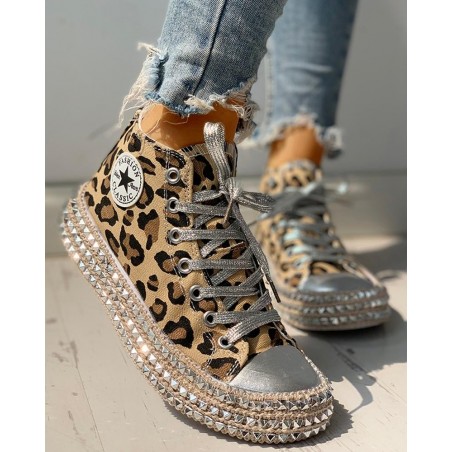 Leopard Rivet Embellished Lace-Up Sneakers