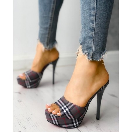 Plaid Print Single Strap Platform Thin Heeled Sandals