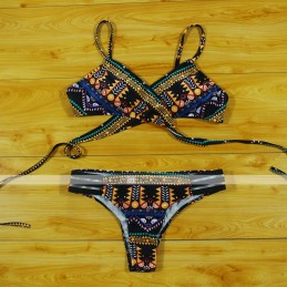 Women's Boho Strap Black Wrap Briefs Bikini Swimwear - Geometric Print M L XL Black / Sexy