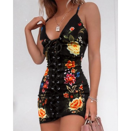 Floral Print Eyelet Lace-up Dress