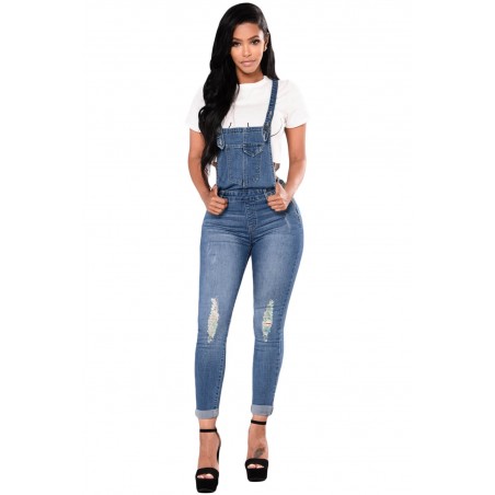 Dark Blue Denim Laidback Distressed Overalls