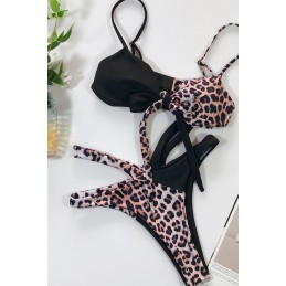 Leopard Printed Splicing Tie Bikini Set