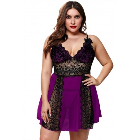 Red Color Block Hollow-out Lace Gauze Patchwork Plus Size Babydoll