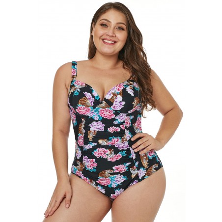 Black Tiger Floral Push-Up Plus Size One-Piece Swimsuit