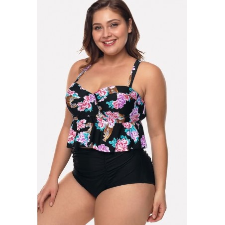 Black Floral Tiger Ruffles Padded High Waist Sexy Plus Size Bikini