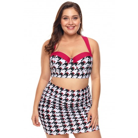 Black White Kitty Print Plus Size Bikini Top with Skirt Swimwear