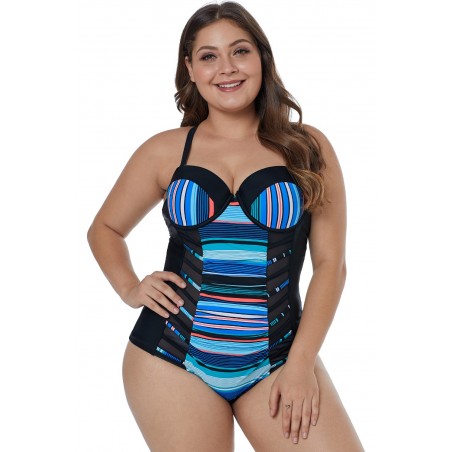 Black Blue Striped Block Patchwork Crisscross Plus Maillot