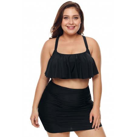 Black Strappy Ruffle Plus Size Two Piece Swimwear