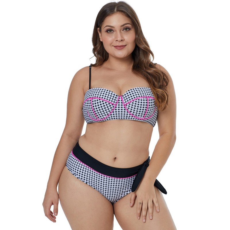 Contrast Piping Tartan Printed Pattern Plus Size Bikini