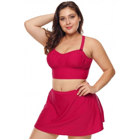 Red Wireless Plus Size Bikini Top and Swim Skirt Set