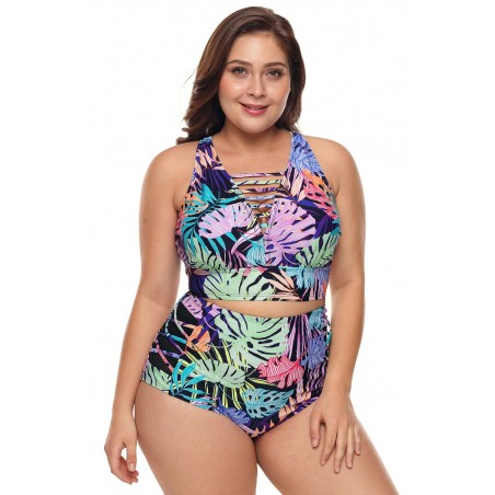 Plus Size Tropical Print Neck Detail Two Piece Swimwear