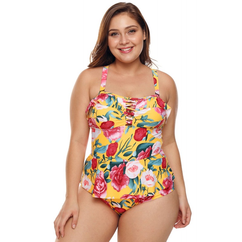 Plus Size Floral Print Crisscross Detail Teddy Swimsuit