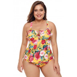 Plus Size Floral Print Crisscross Detail Teddy Swimsuit