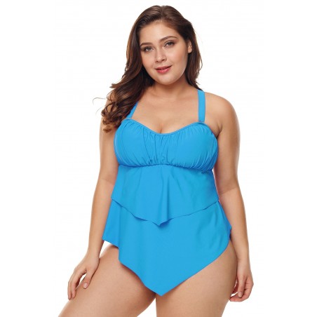 Blue Pleated Detail Plus Size Two Piece Swimsuit