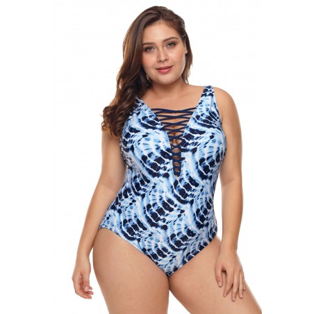 Plus Size Blue Neck Detail One Piece Swimsuit