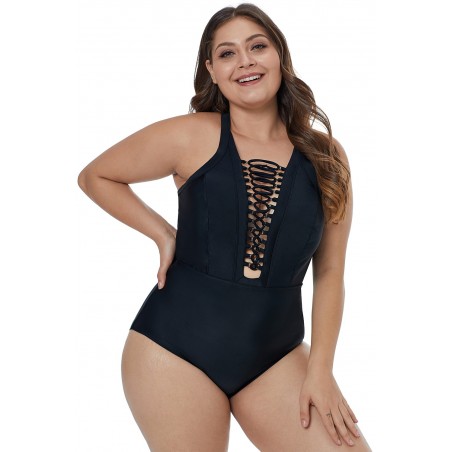 Solid Black Crisscross Plunge V Neck Plus Maillot Swimwear