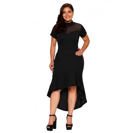 Black Mesh Insert Ruffled Hi-low Hem Curvy Dress