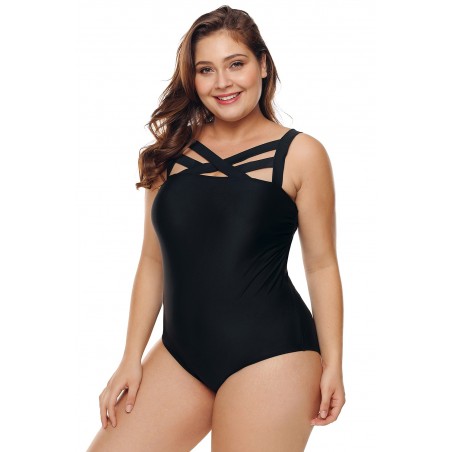 Solid Black Hollow-out Neck Plus Size Maillot Swimwear