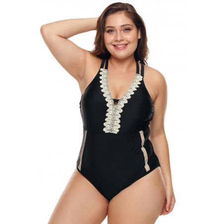 Black Plus Size V Neck Cutout Tankini