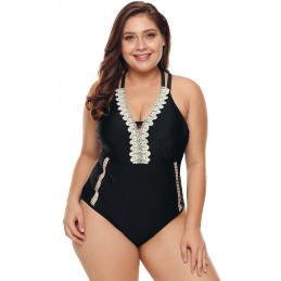 Black Plus Size V Neck Cutout Tankini