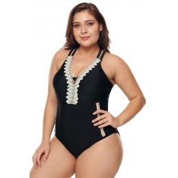 Black Plus Size V Neck Cutout Tankini