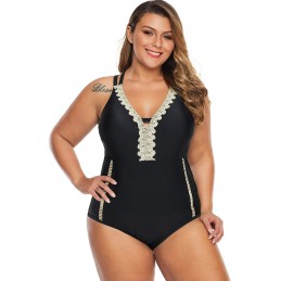 Black Plus Size V Neck Cutout Tankini