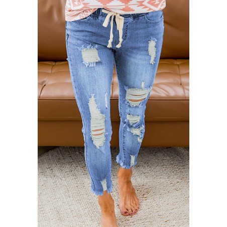 Sky Blue Drawstring Elastic Waist Hole Ripped Jeans