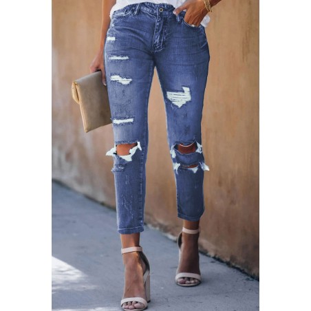 Sky Blue Fading Distressed Holes Crop Jeans