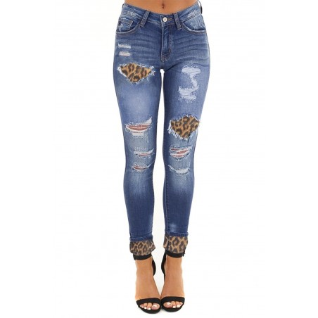 Blue Hollow Out Leopard Patchwork Distressed Jeans