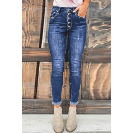 Blue High Rise Skinny Button Fly Jeans