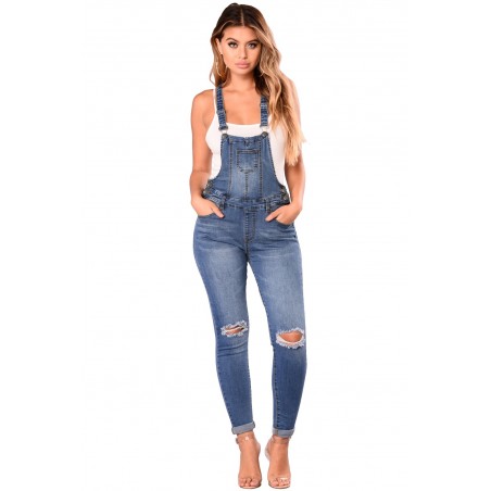 Medium Blue Wash Knee Slit Denim Overalls