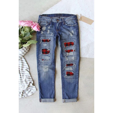 Buffalo Plaid Patches Distressed Straight Jeans