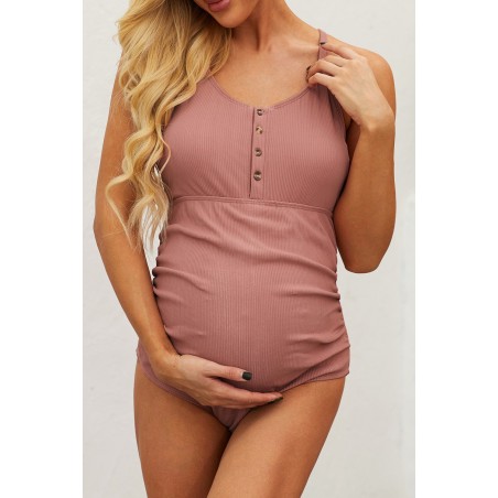 Red Ribbed Snap Front One-piece Maternity Swimsuit