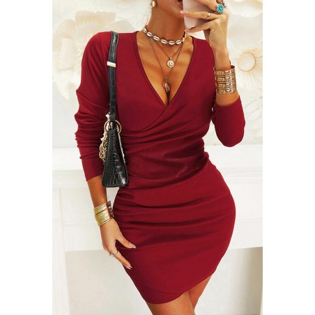 Red Surpliced V Neck Bodycon Ruched Mini Dress