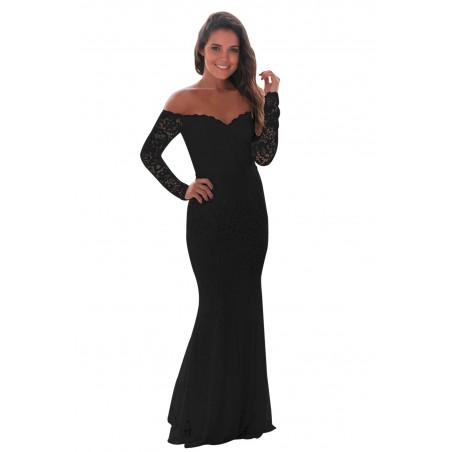 Black Crochet Off Shoulder Maxi Evening Party Dress