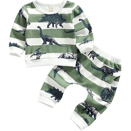 2pcs Winter Newborn Boy Dinosaur Print Outfit Ribbed Cotton Long Sleeve Tops Pants Set