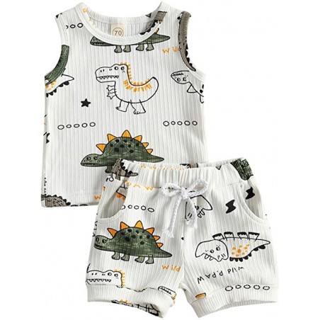 Boy Unisex Baby Summer Outfit Dinosaur Letter Print Cotton Tops+Grey Elastic Shorts 2pcs