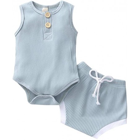 Newborn Baby  Ribbed Outfits Unisex Infant Solid Cotton Button Short Sleeve Tops Shorts 2PCS