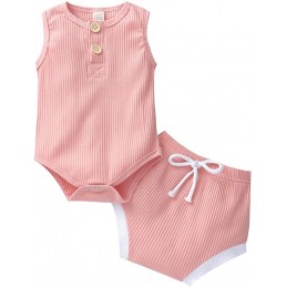 Newborn Baby  Ribbed Outfits Unisex Infant Solid Cotton Button Short Sleeve Tops Shorts 2PCS