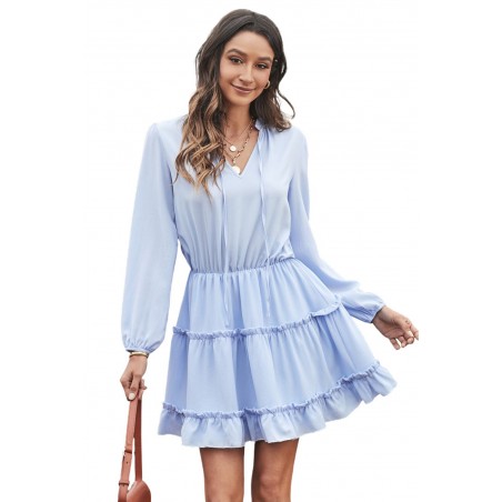 V Neck Long Sleeve Ruffle Tiered Mini Dress