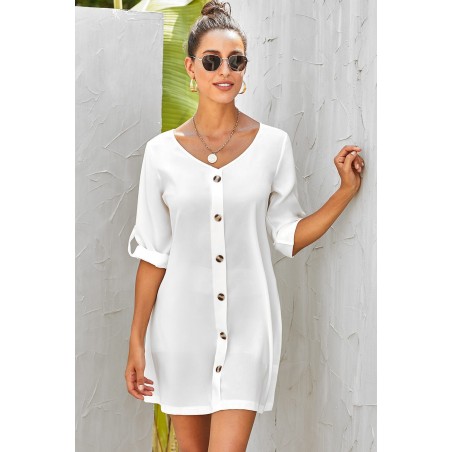 V Neck Button Front Roll up Tab Sleeve Dress