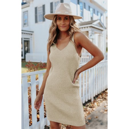 Khaki V Neck Sleeveless Ribbed Mini Dress