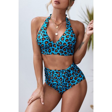 Halter V Neck Leopard High Waist Bikini