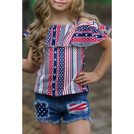 Multicolor Stars and Stripes Ruffled Off Shoulder Girls Top